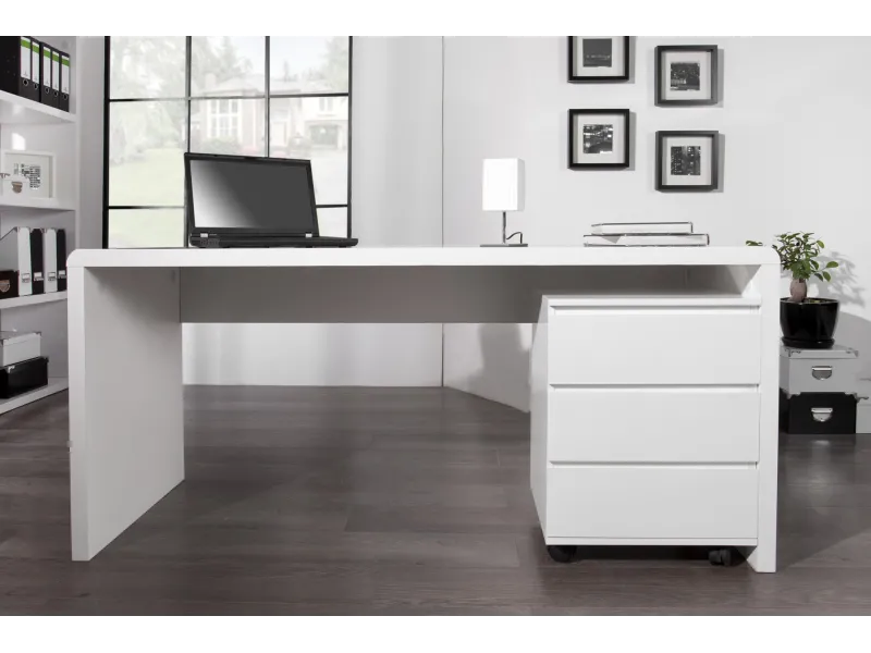 Bureau design 160x75 cm en bois teinté blanc laqué