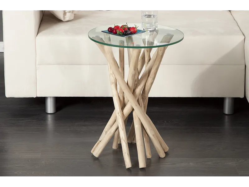 Table d'appoint design en verre et bois flotté