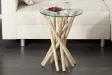 Table d'appoint design en verre et bois flotté