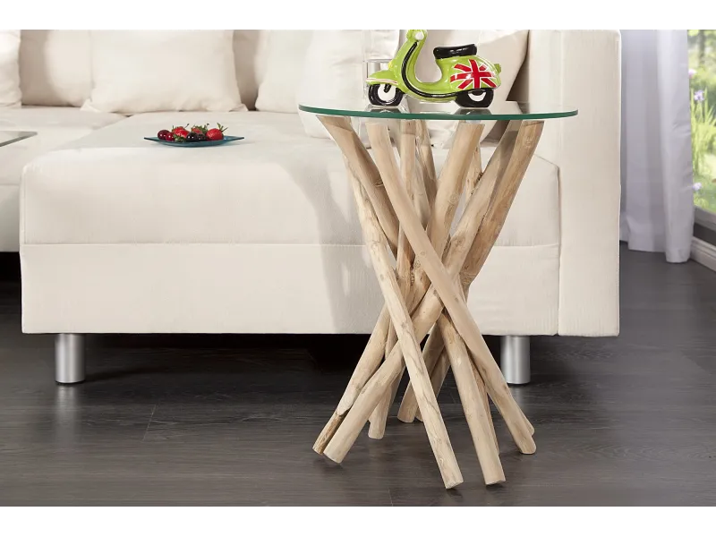 Table d'appoint design en verre et bois flotté