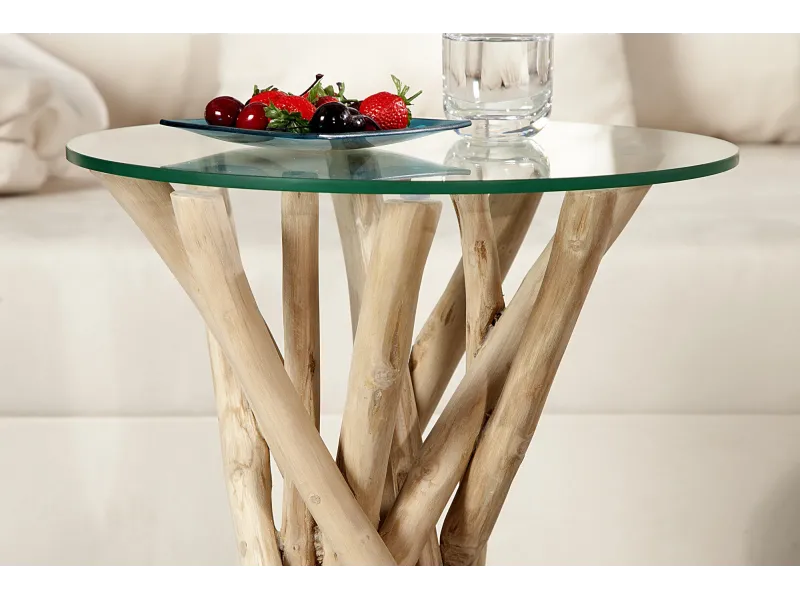 Table d'appoint design en verre et bois flotté