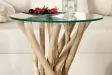 Table d'appoint design en verre et bois flotté