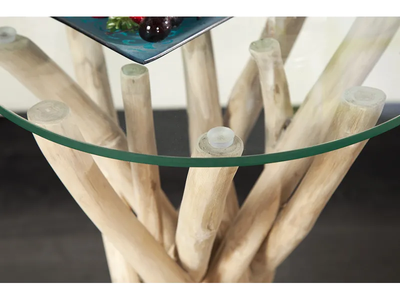 Table d'appoint design en verre et bois flotté