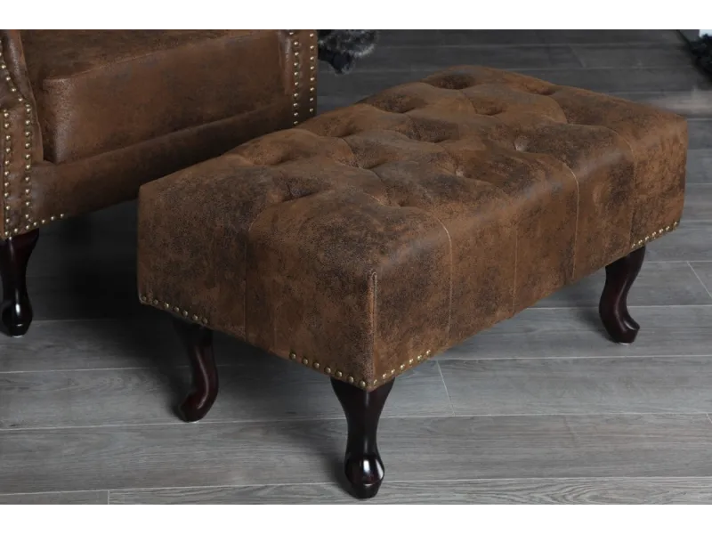 Pouf CHESTERFIELD marron antique en microfibre / bois massif