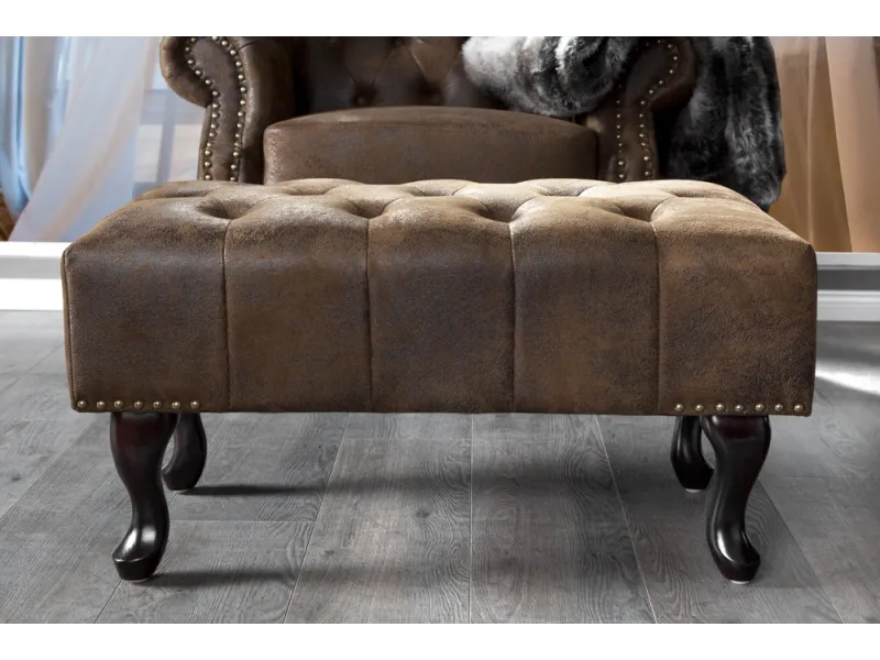 Pouf CHESTERFIELD marron antique en microfibre / bois massif
