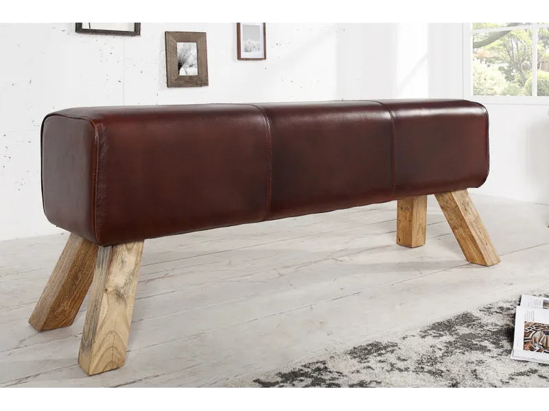 Banc 120 cm design en cuir marron avec piètement en bois massif