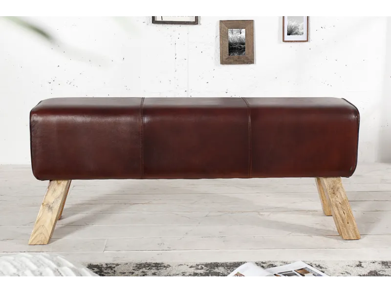 Banc 120 cm design en cuir marron avec piètement en bois massif