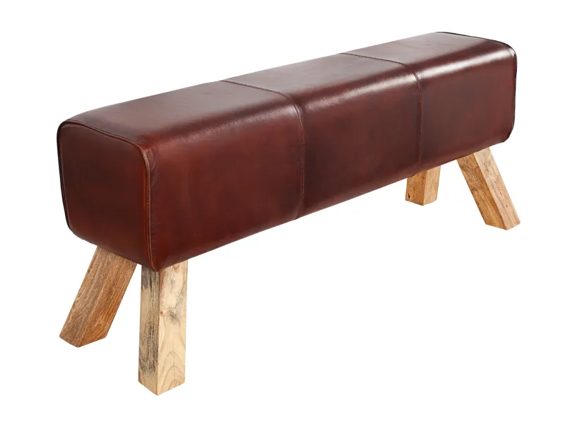Banc 120 cm design en cuir marron avec piètement en bois massif