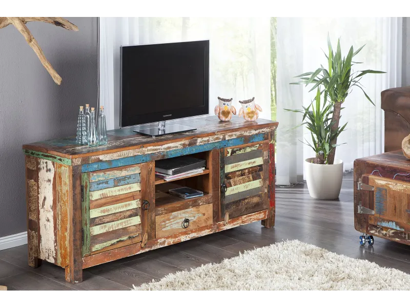 Meuble TV 150 cm design en bois recyclé multicouleur