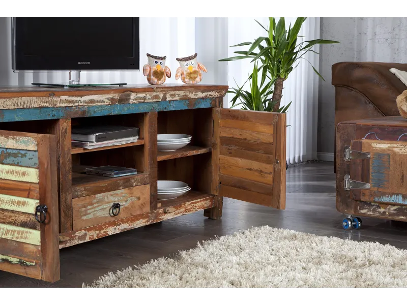 Meuble TV 150 cm design en bois recyclé multicouleur