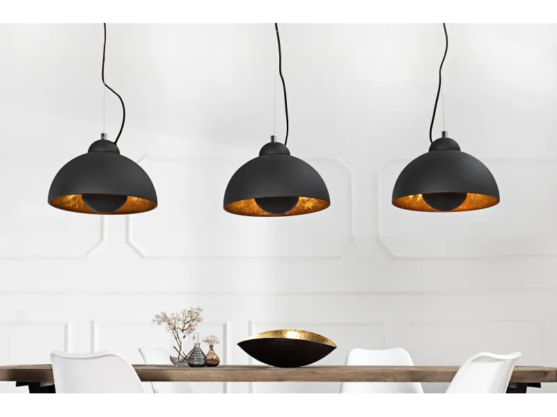 Barre de 3 lampes suspendues 20 cm hémisphéres coloris noir et doré