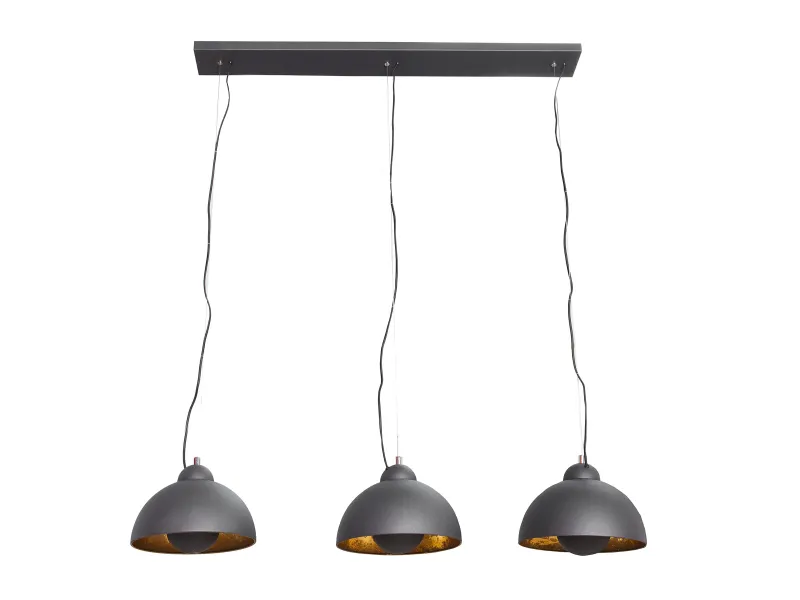 Barre de 3 lampes suspendues 20 cm hémisphéres coloris noir et doré