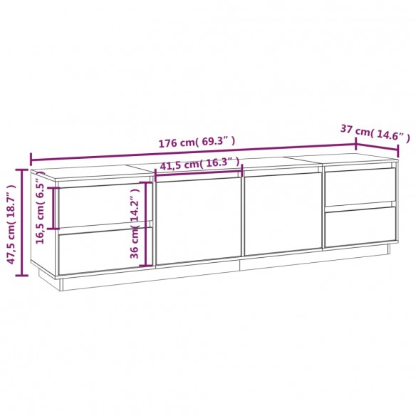 Meuble TV Blanc 176x37x47,5 cm Bois de pin massif