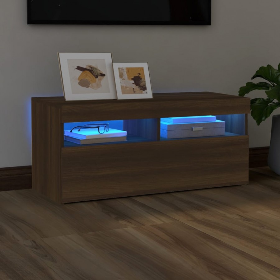 Meuble TV avec lumières LED Chêne marron 90x35x40 cm