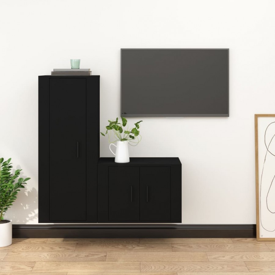 Ensemble de meubles TV 2 pcs noir bois d'ingénierie