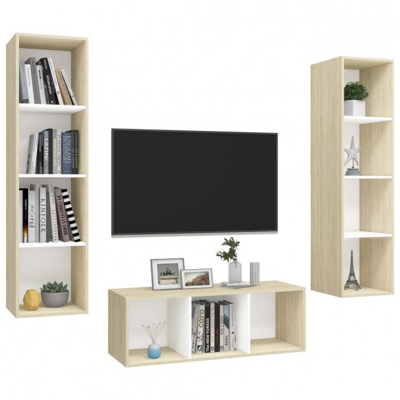 Ensemble de meuble TV 3 pcs Blanc et chêne sonoma Aggloméré