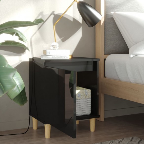 Tables de chevet pieds en bois 2 pcs Noir brillant 40x30x50 cm