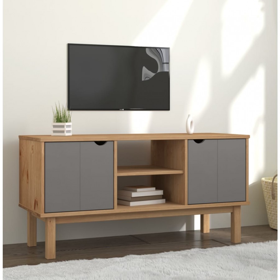 Meuble TV OTTA Marron et gris 113,5x43x57 cm Bois massif pin