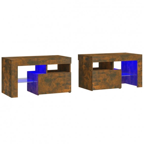 Tables de chevet 2 pcs et lumières LED Chêne fumé 70x36,5x40 cm