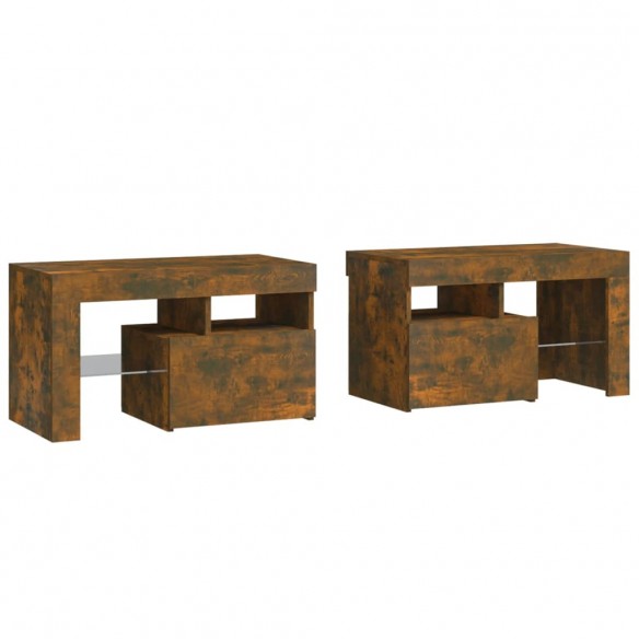 Tables de chevet 2 pcs et lumières LED Chêne fumé 70x36,5x40 cm