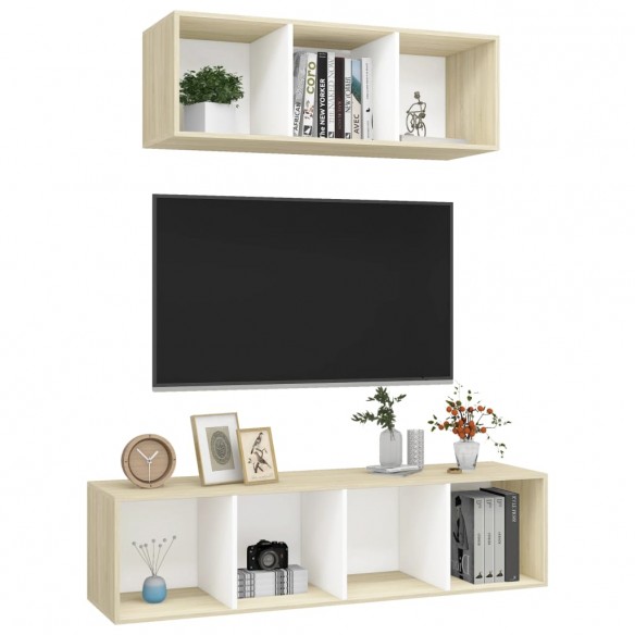 Ensemble de meuble TV 2 pcs Blanc et chêne sonoma Aggloméré