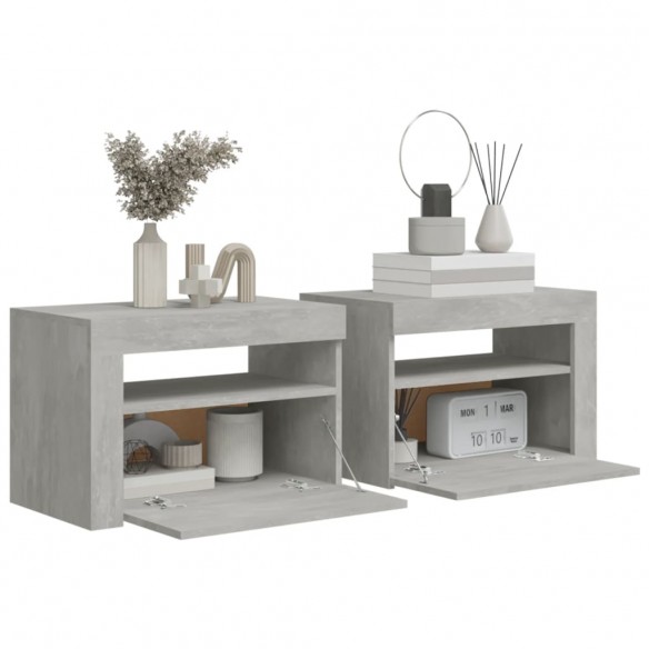 Tables de chevet 2 pcs avec LED Gris béton 60x35x40 cm