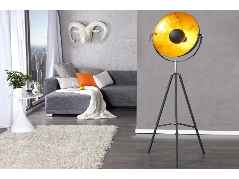 Lampadaire trépied 160 cm en acier inoxydable coloris noir et or