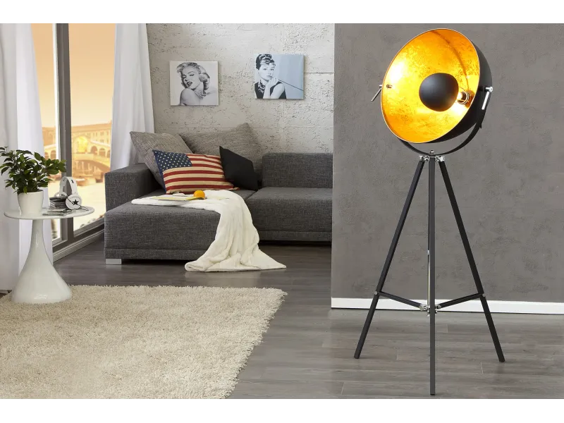 Lampadaire trépied 160 cm en acier inoxydable coloris noir et or