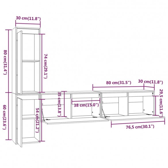 Meubles TV 4 pcs Noir Bois massif de pin