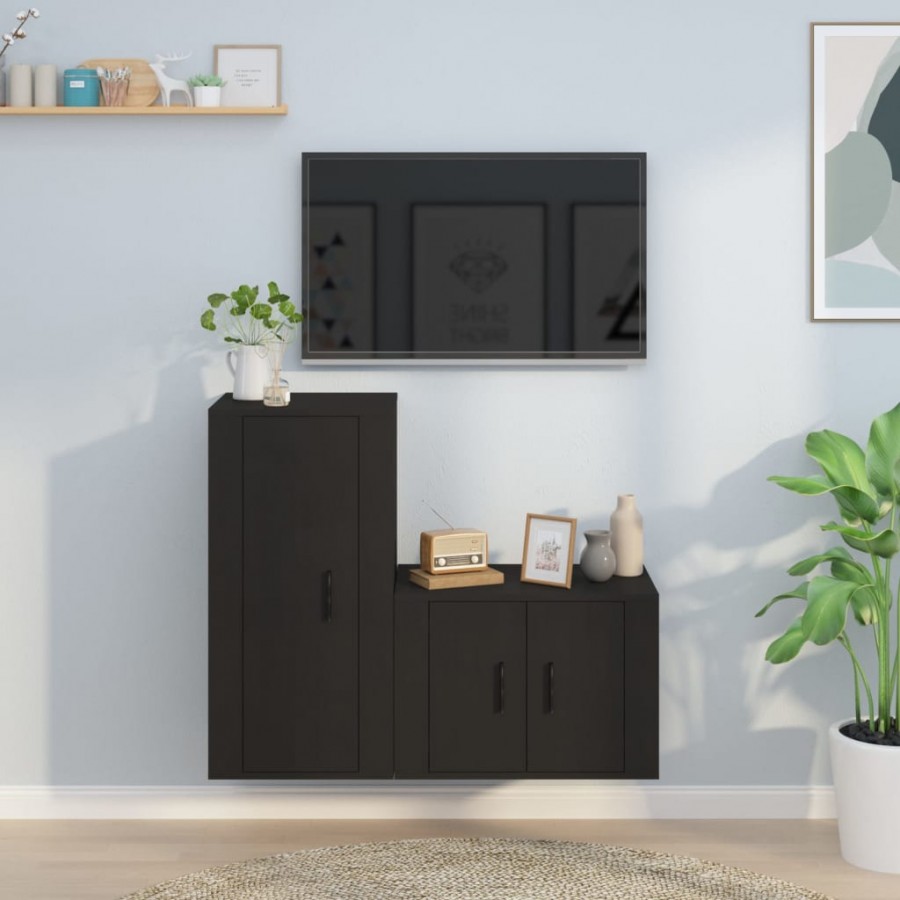 Ensemble de meubles TV 2 pcs noir bois d'ingénierie