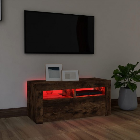 Meuble TV avec lumières LED Chêne fumé 90x35x40 cm