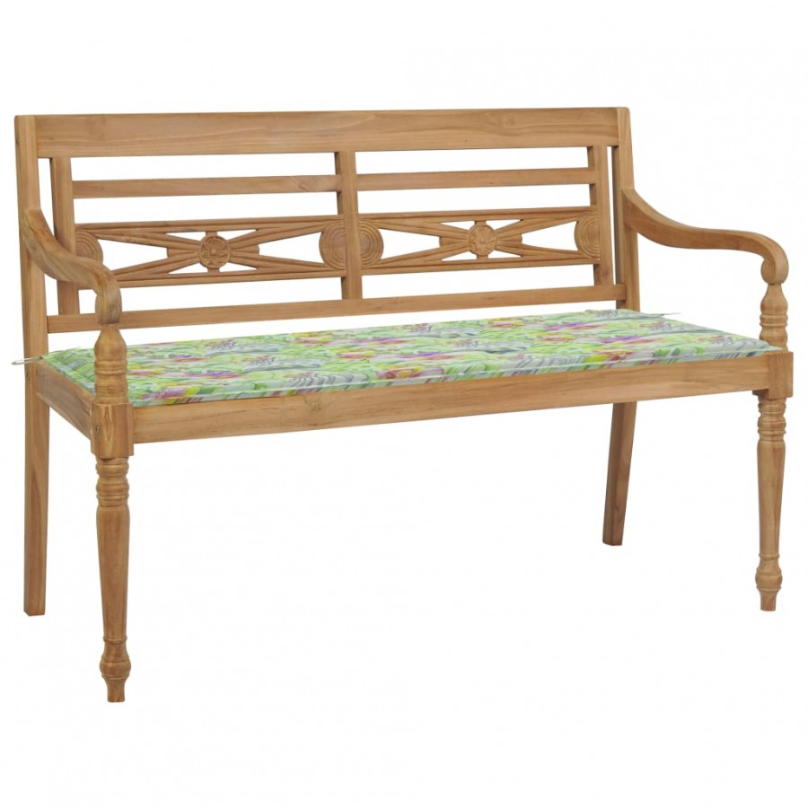 Banc Batavia avec coussin motif de feuilles 120 cm Bois de teck