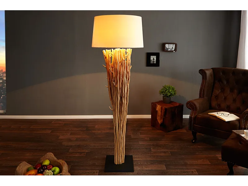 Lampadaire design 175 cm en bois flotté coloris blanc