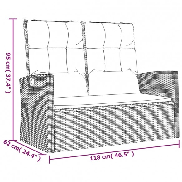 Banc de jardin inclinable et coussins noir 118cm résine tressée