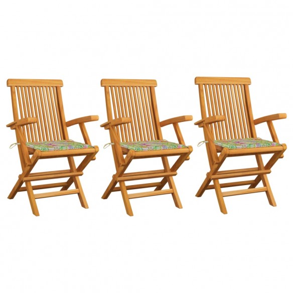 Chaises de jardin et coussins motif à feuilles 3pcs Teck massif