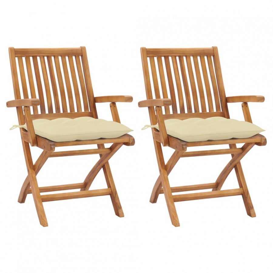 Chaises de jardin 2 pcs avec coussins blanc crème Teck massif