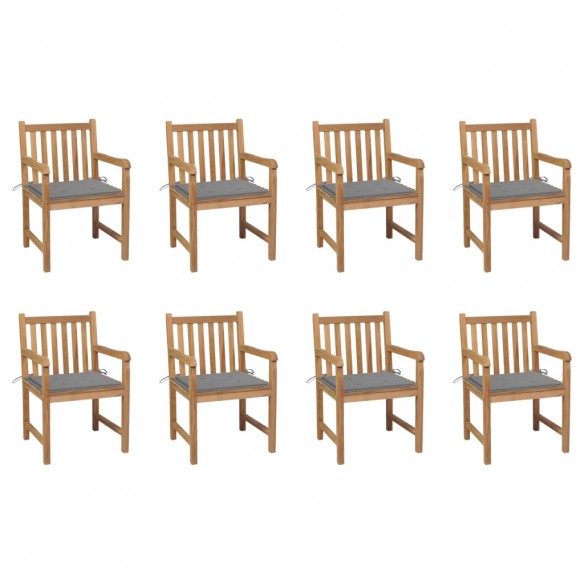 Chaises de jardin 8 pcs avec coussins gris Bois de teck massif