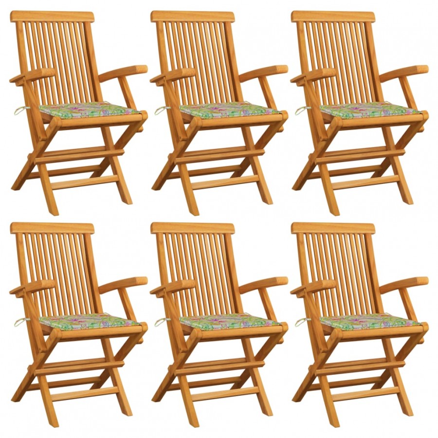 Chaises de jardin et coussins motif à feuilles 6pcs Teck massif