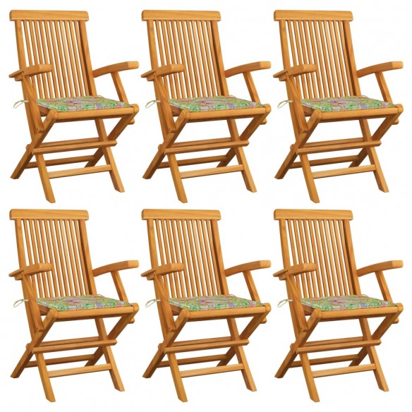 Chaises de jardin et coussins motif à feuilles 6pcs Teck massif