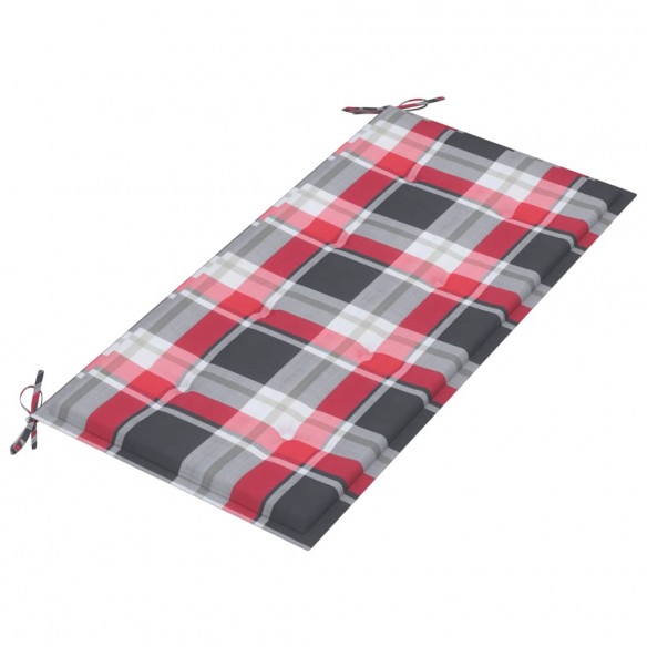 Banc de jardin avec coussin à carreaux rouge 112 cm Teck massif