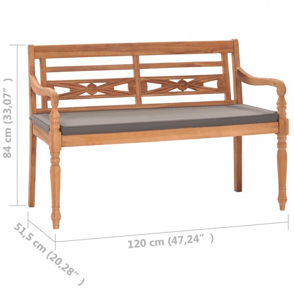 Banc Batavia avec coussin gris foncé 120 cm Bois de teck massif