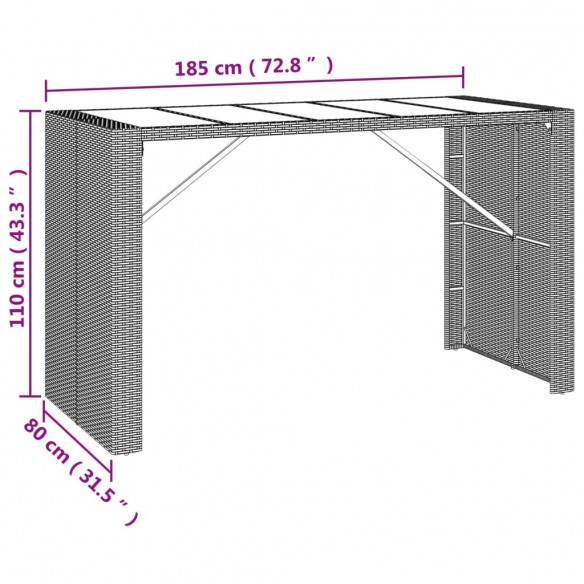 Table de bar et dessus en verre gris 185x80x110 cm poly rotin