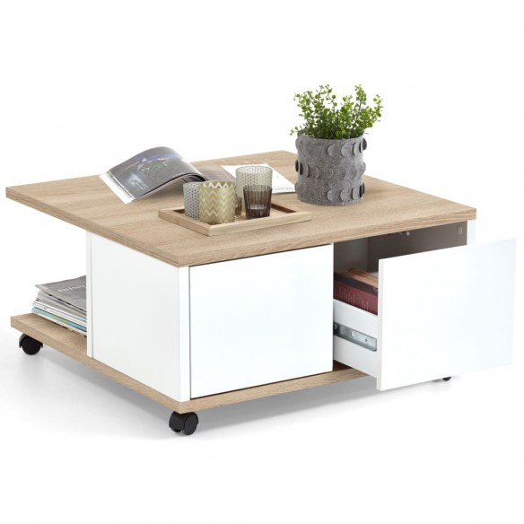 FMD Table basse mobile 70x70x36 cm Chêne et blanc brillant