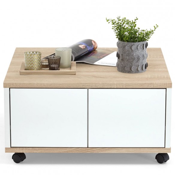 FMD Table basse mobile 70x70x36 cm Chêne et blanc brillant