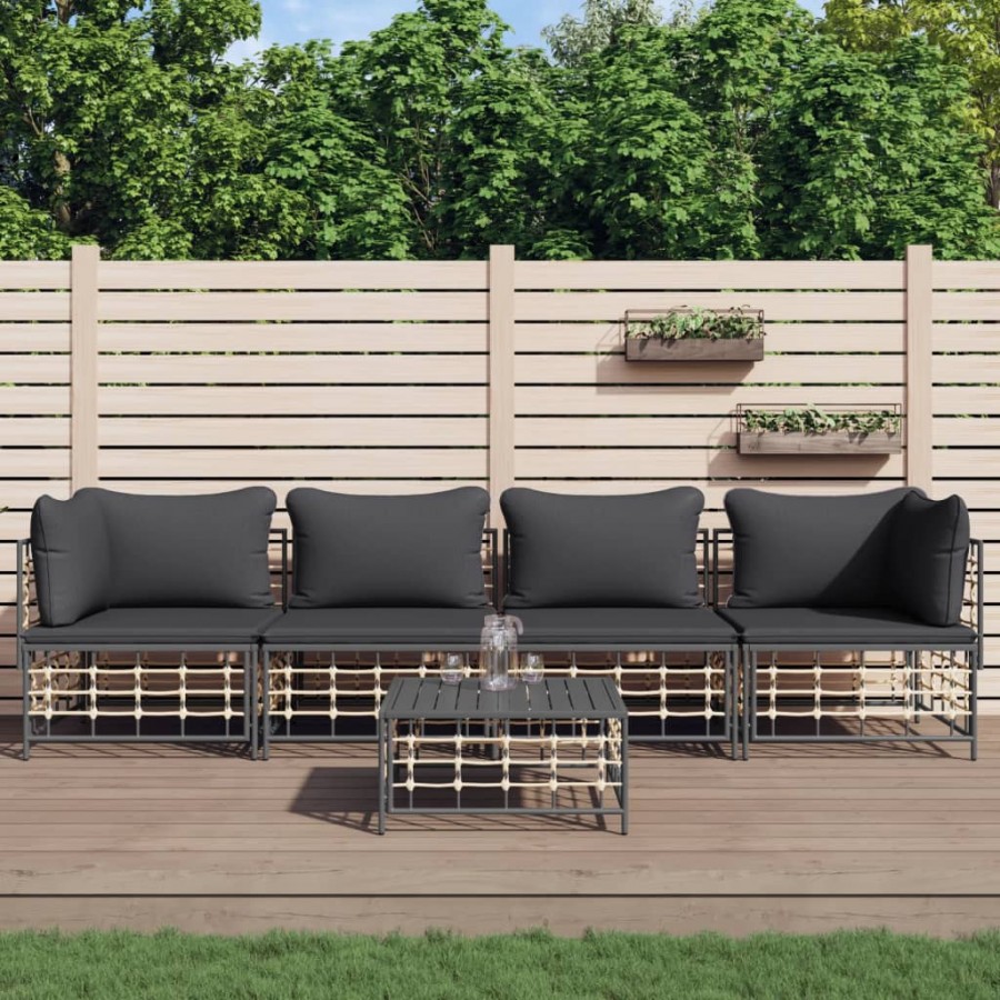 Salon de jardin 5 pcs avec coussins anthracite résine tressée