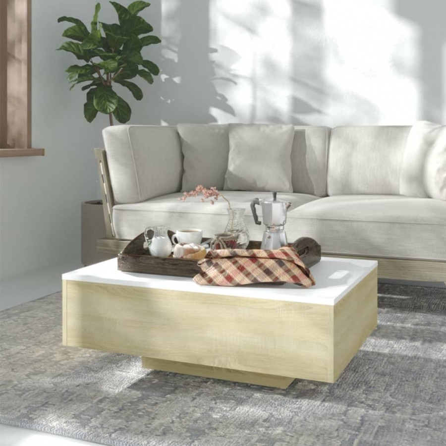 Table basse Blanc et chêne sonoma 85x55x31 cm Aggloméré