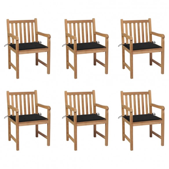 Chaises de jardin 6 pcs avec coussins noir Bois de teck massif