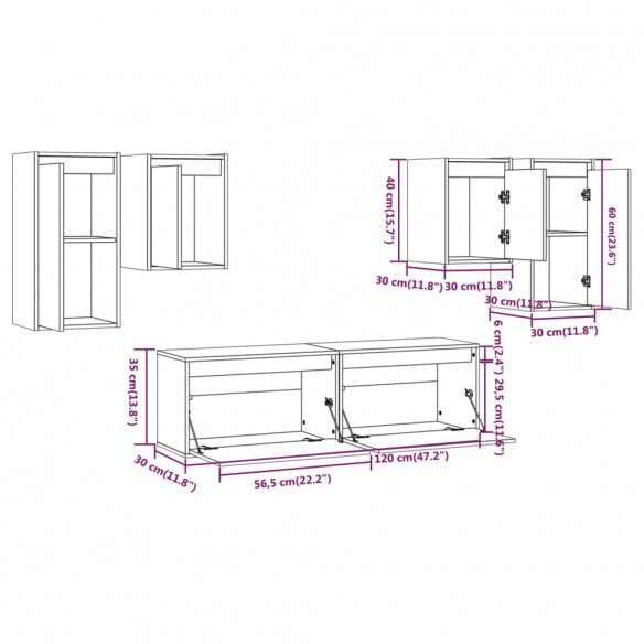 Meubles TV 6 pcs Blanc Bois massif de pin