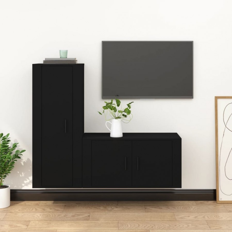 Ensemble de meubles TV 2 pcs noir bois d'ingénierie