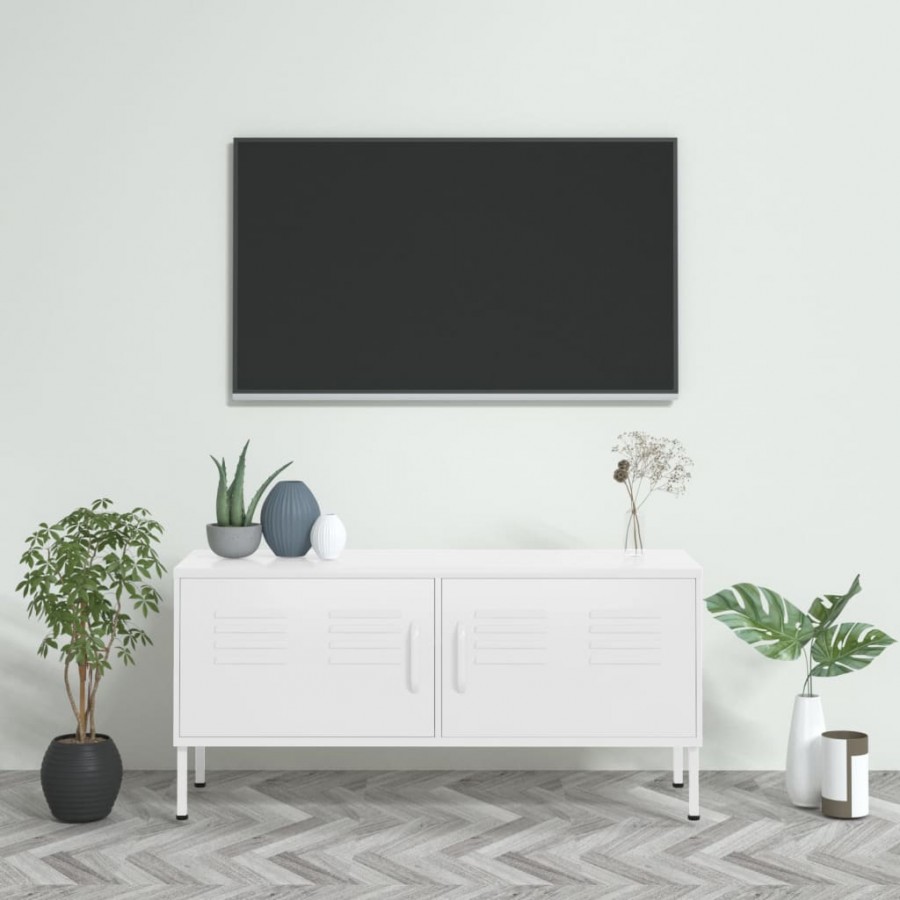 Meuble TV Blanc 105x35x50 cm Acier